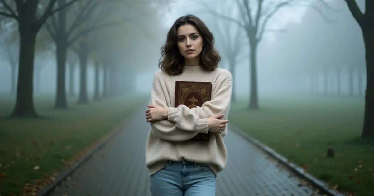 Uma mulher está em meio a uma neblina suave em um parque urbano silencioso. Ela usa um suéter bege grande e jeans claros, com cabelos castanhos ondulados que capturam a névoa. Abraça um livro de capa dura bem usado, cuja capa intricada sugere uma história significativa. Ao redor, silhuetas borradas de árvores e um caminho de paralelepípedos quase escondido pela neblina criam uma cena tranquila e melancólica. O chão úmido, com manchas de grama e folhas caídas, adiciona um toque de outono. A iluminação suave e difusa cria um ambiente onírico e sereno.