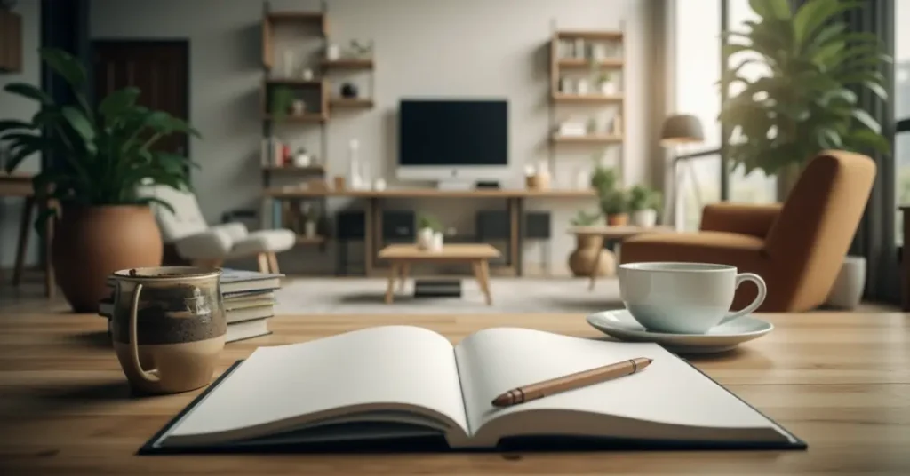 Mesa organizada com livros, uma caneca de café quente e um diário de anotações