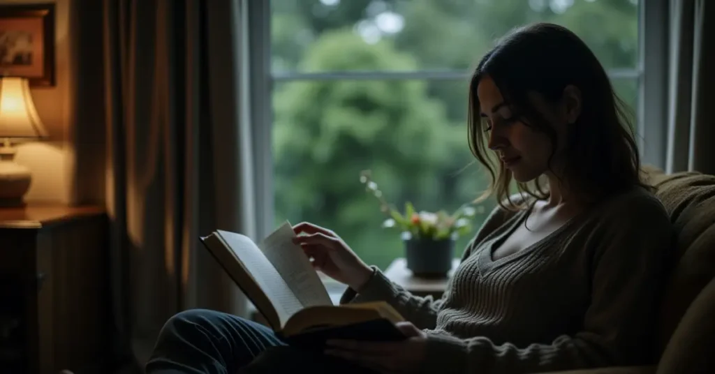 Mulher lendo em um livro, sentada no sofá, enquanto a chuva cai pela janela do lado de fora de sua sala