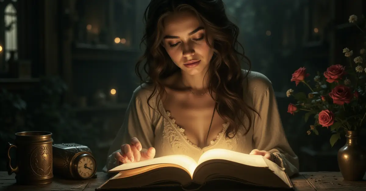 Mulher lendo um livro velho aberto, com páginas brilhando suavemente como se contivessem magia